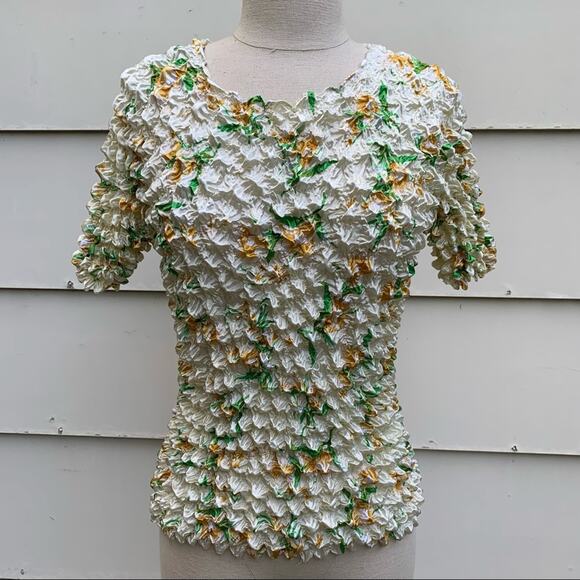 Y2K popcorn blouse retro floral cream gold - Picture 1 of 4
